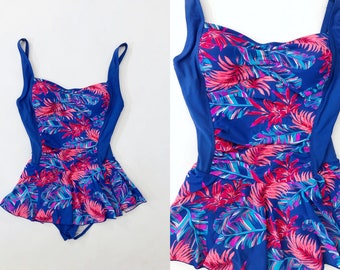 VTG 90s One Piece Swim Dress Blue Neon Pink Floral Your Best Look 1990s Vintage Small S