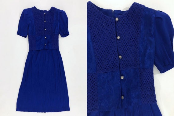 VTG 80s Blue Layered Midi Dress Short Puff Sleeve… - image 1