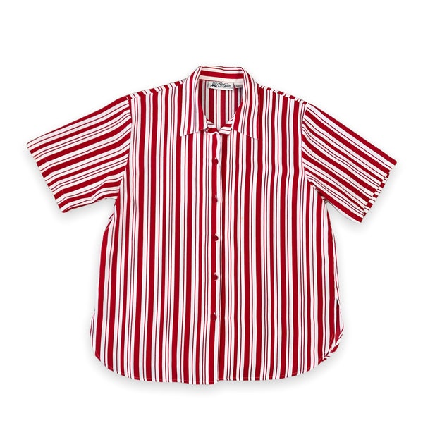 VTG 80s Yves St Clair Striped Short Sleeve Button Down Blouse Shirt Red White 1980s Vintage Large L