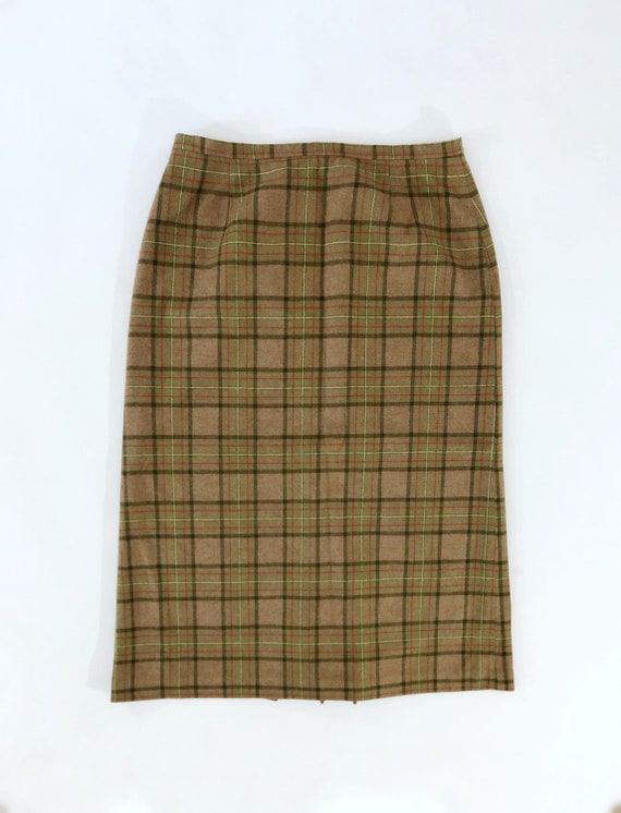 VTG 90s Wool Plaid Midi Skirt High Waisted Tan Br… - image 2