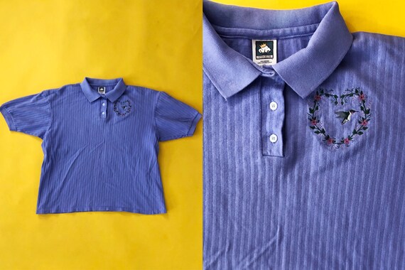 Vintage 90/'s Blue Floral Hummingbird Embroidered Short Sleeve Knit Top
