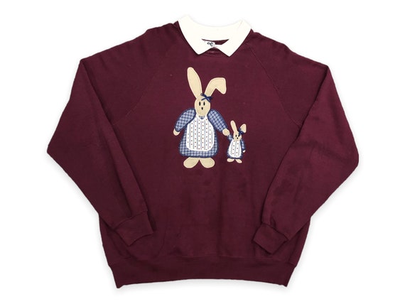 VTG 90s Plus Size Maroon Bunny Rabbit Embroidered… - image 1