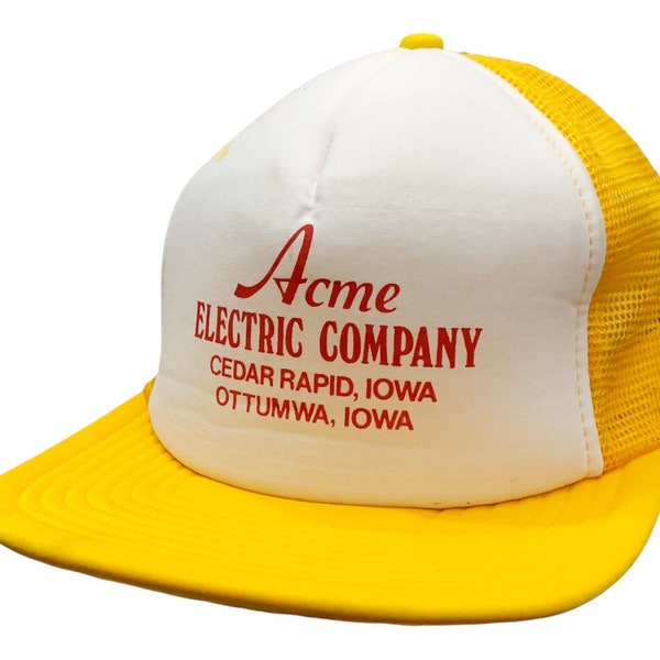 VTG 80s Acme Electric Company Iowa Yellow White Color Block Mesh Snap Back Hat Trucker Cap Vintage 1980s