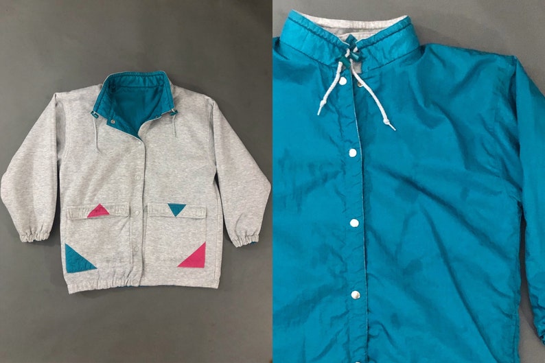 VTG 90s Reversible Teal Nylon Windbreaker Snap Button Gray Fleece Triangle Print Velcro Pocket 1990s Vintage Small S Medium M Large L XL