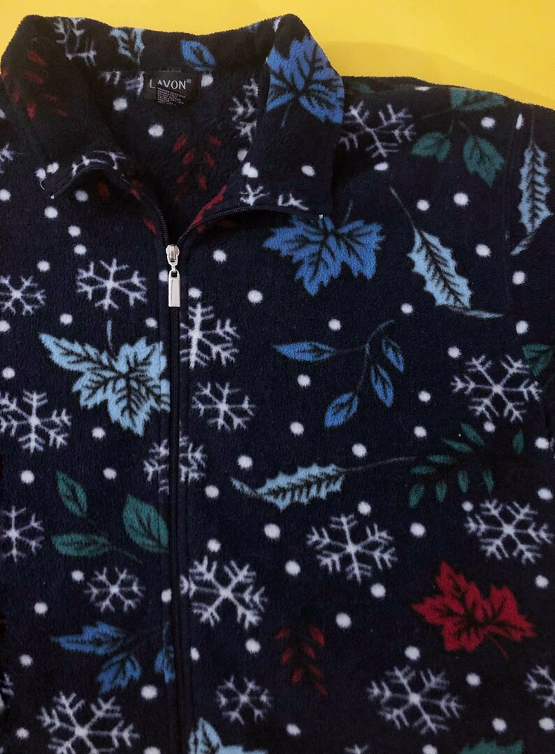 VTG 90s Snowflake and Leaf Fleece Jacket Half Zip Navy Red Blue White Sweatshirt Winter Floral 1990s Vintage XXL 2X