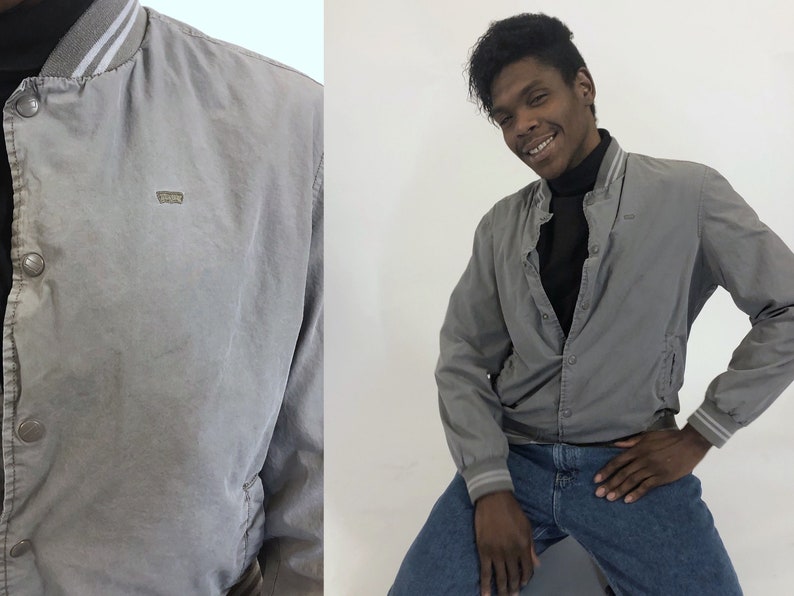 Y2K Levi\u2019s Gray Stripe Trim Snap Button Varsity Jacket Plain 2000s Extra Large XL