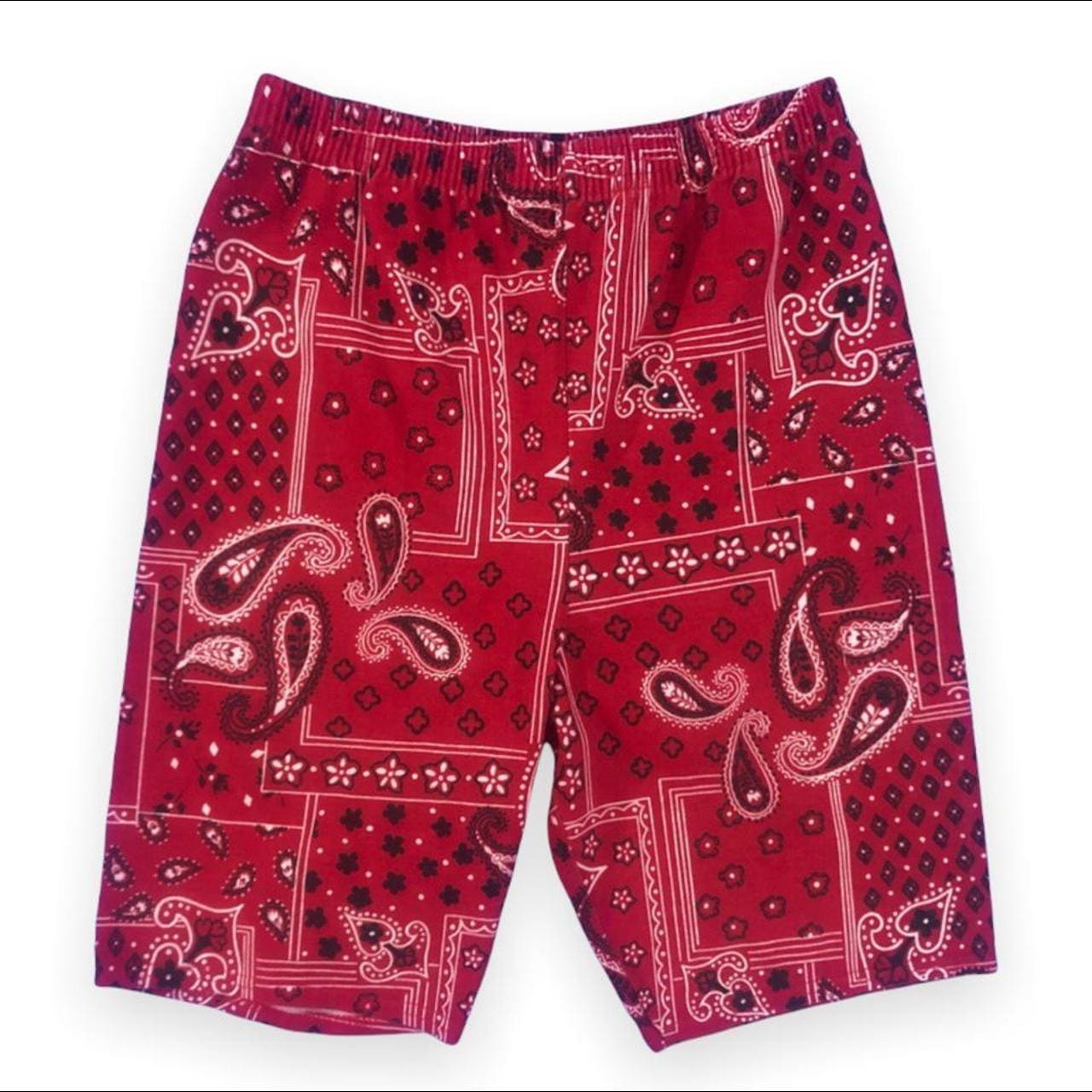VTG 90s Red Bandana Paisley Print Shorts High Rise Elastic VTG 90s Red Bandana Paisley Print Shorts High Rise Elastic