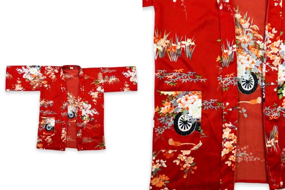 VTG 80s Japanese Red Satin Floral Print Kimono Ro… - image 1