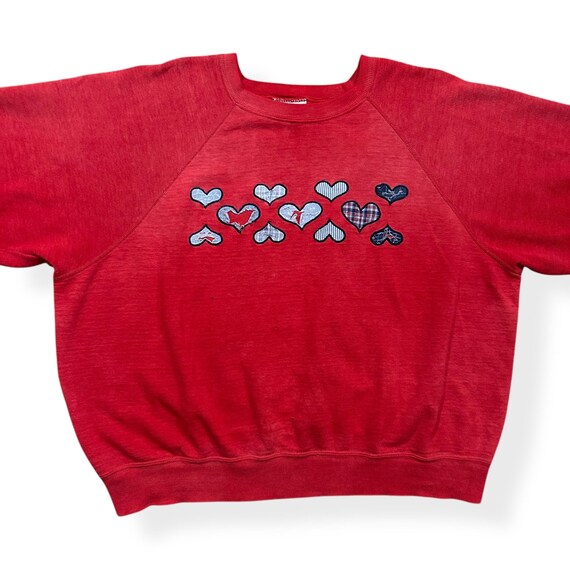 VTG 80s Thrashed Heart Patchwork Red Raglan Sleev… - image 2