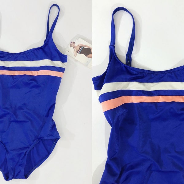 VTG 80s Deadstock Windmills Swimwear One Piece Swim Suit Blue Pink White Striped 1980s Vintage Medium M