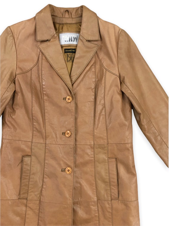 VTG 90s Tan Leather Mid Length Jacket Button Down… - image 3