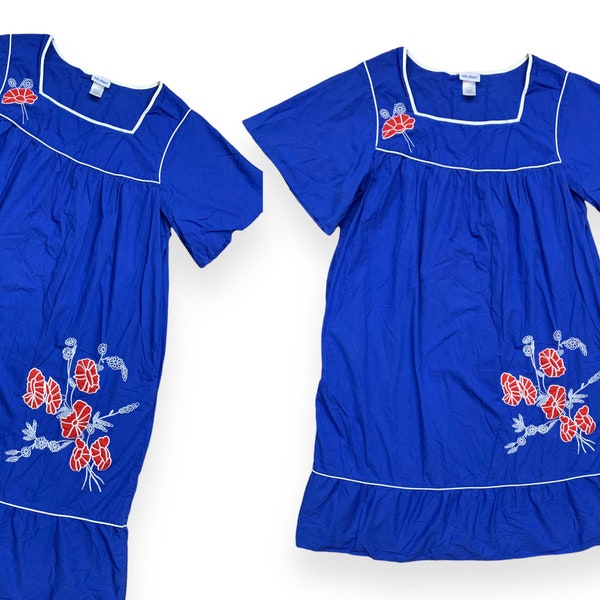 Y2K Floral besticktes Blau Square Neck Zelt Kleid Midi Kleid mit Taschen Vintage 2000er Jahre 1X XL
