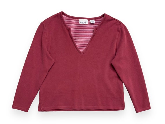 Y2K Wine Red Knit Split Neck Boho Shirt Top with … - image 1