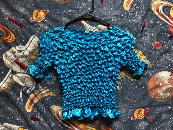 VTG 90s Blue Popcorn Ruffle Hem Top Shirt Medium M