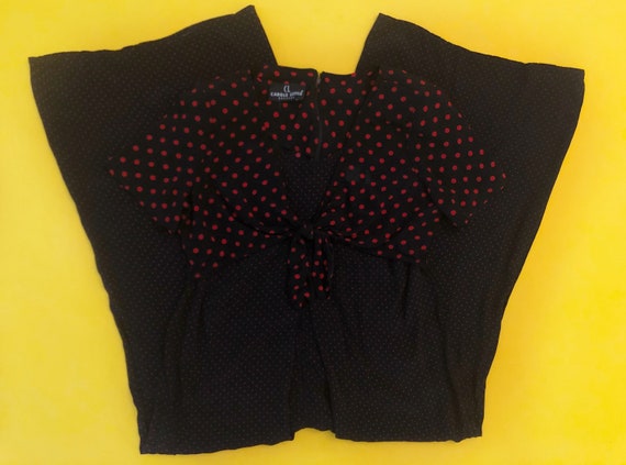 VTG 80s Polka Dot Wide Leg Jumpsuit Tie Front Blac