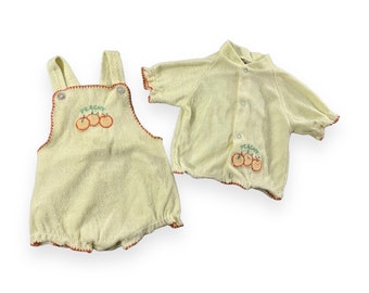 VTG 70s Peachy Embroidered Baby Girls Outfit Overalls and Top Vintage 1970s