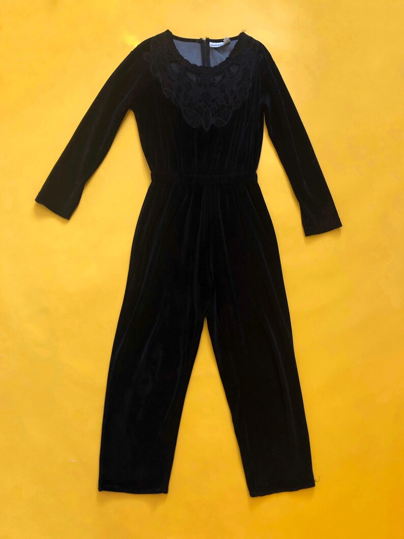 VTG 90s Black Velour Jumpsuit Lace Long Sleeve 1990s Vintage Small S