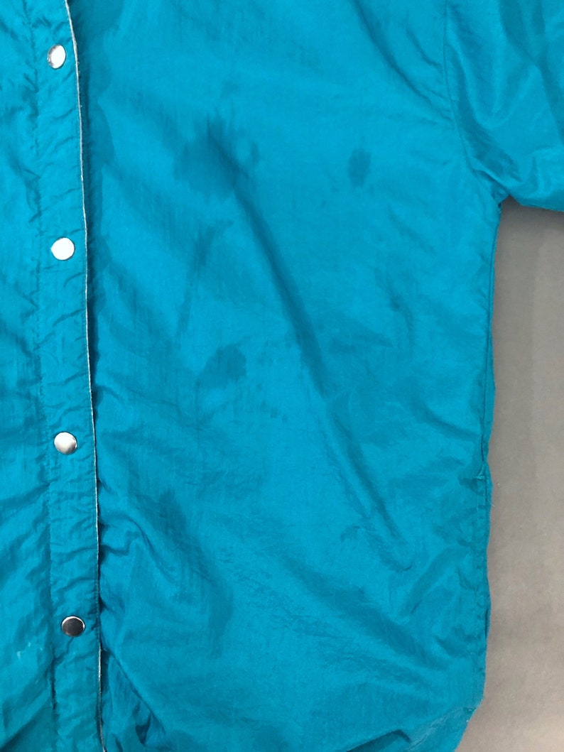 VTG 90s Reversible Teal Nylon Windbreaker Snap Button Gray Fleece Triangle Print Velcro Pocket 1990s Vintage Small S Medium M Large L XL