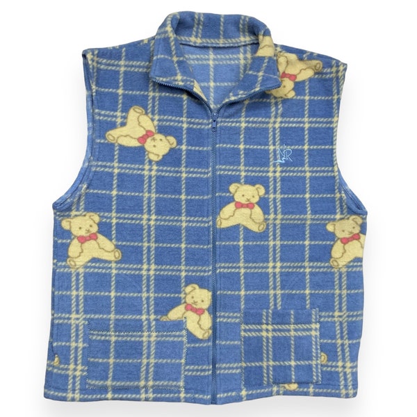 VTG 90s Teddy Bear Plaid Fleece Zip Up Jacket Vest Vintage 1990s Large L