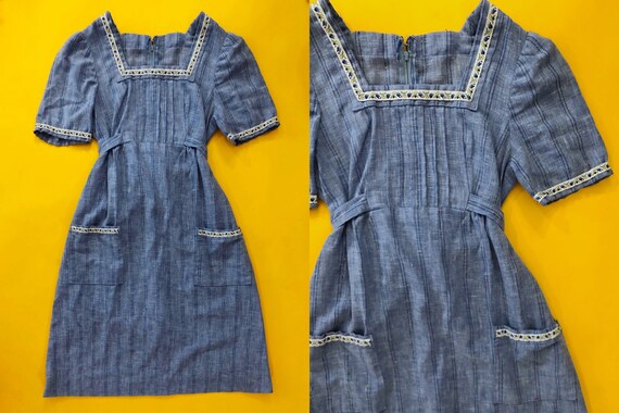 VTG 70s Flecked Denim Prairie Midi Dress Empire Wa