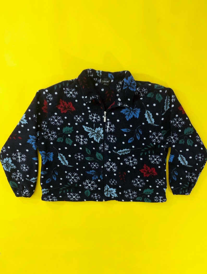 VTG 90s Snowflake and Leaf Fleece Jacket Half Zip Navy Red Blue White Sweatshirt Winter Floral 1990s Vintage XXL 2X