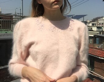 Pastel pink angora sweater/ Pale pink sweater/ Angora wool sweater/ Soft angora wool jersey/ Embellished sweater/ Leg of mutton sleeve