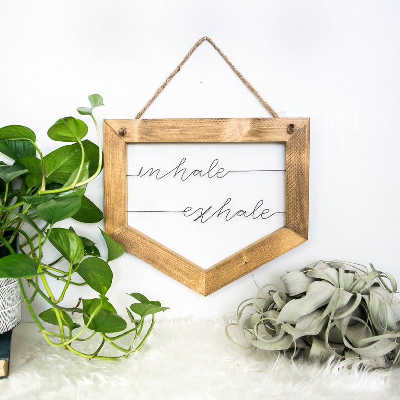 Yoga Studio Decor Meditation Room Decor Copper Wire Art Inhale Exhale Wall Art Bedroom Wall Quotes Wood And Metal Farmhouse Sign