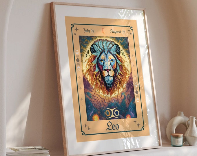 Leo Framed Art - Leo Tarot Style Print - Zodiac Framed Prints - Star Signs - Horoscope Poster - Astrology Print - Personalized Gift - BFF