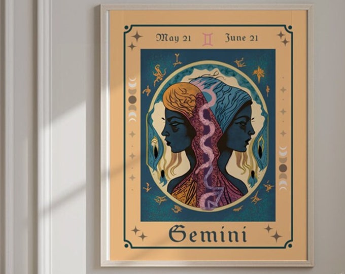 Gemini Framed Art - Gemini Tarot Style Print - Zodiac Framed Prints - Star Signs - Horoscope Poster -Astrology Print -Personalized Gift -BFF