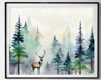 松の木の水彩画 バーモントの風景 霧の森 壁アート 森のアートプリント