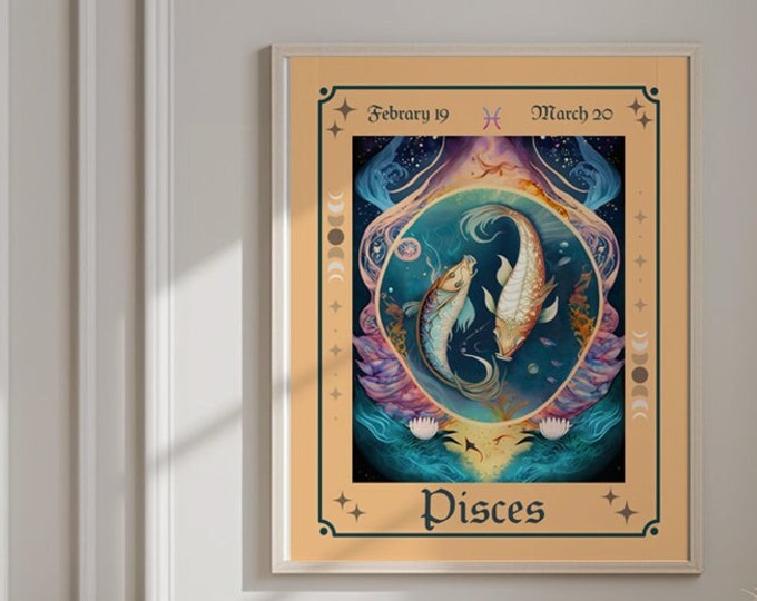 Pisces Framed Art - Pisces Tarot Style Print - Zodiac Framed Prints - Star Signs - Horoscope Poster -Astrology Print -Personalized Gift -BFF