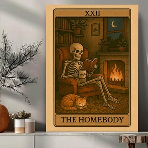 Homebody Tarot Card Art Print Cozy Autumn Skeleton Decor Book Lover Gift Witchy Wall Art • Spooky Cute Poster • Ginger Cat Illustration