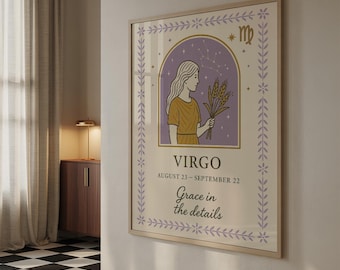 Może przedstawiać: Oprawiony wydruk artystyczny znaku zodiaku Panny. Ilustracja przedstawia kobietę trzymającą pszenicę, z tekstem "VIRGO" i "23 sierpnia - 22 września". Grafika ma jasnofioletową i złotą kolorystykę, ze słowami "Grace in the details".