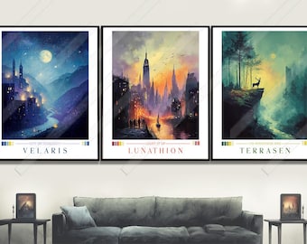 Fantasy Poster 3er Set SJM inspirierte Wandkunst Velaris Lunathion Terrasen Druck ACOTAR Crescent City Throne of Glass Decor