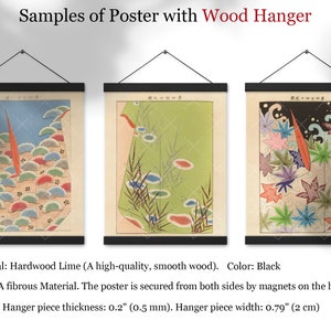 May include: Three samples of posters with a wood hanger. The posters feature Japanese-style artwork with colourful floral and wave patterns. The hanger is made of hardwood lime and is 0.2 inches thick and 0.79 inches wide.