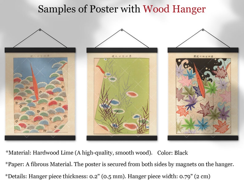 May include: Three samples of posters with a wood hanger. The posters feature Japanese-style artwork with colourful floral and wave patterns. The hanger is made of hardwood lime and is 0.2 inches thick and 0.79 inches wide.