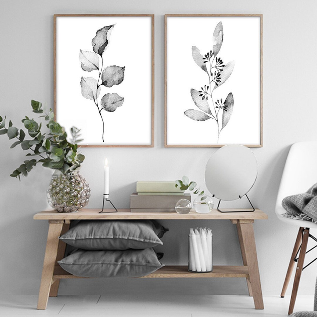 Leaf Art Set Watercolor Art Prints Set of 2 Black and White Etsy