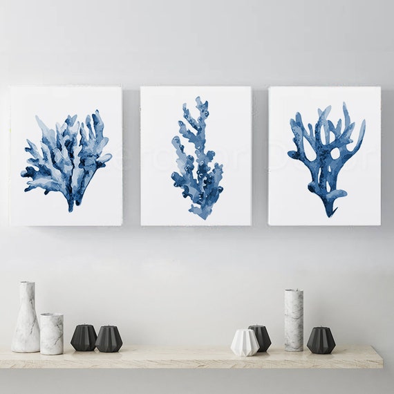 Oceanic Life Watercolor Art Prints Set of 3 Indigo Blue Sea | Etsy