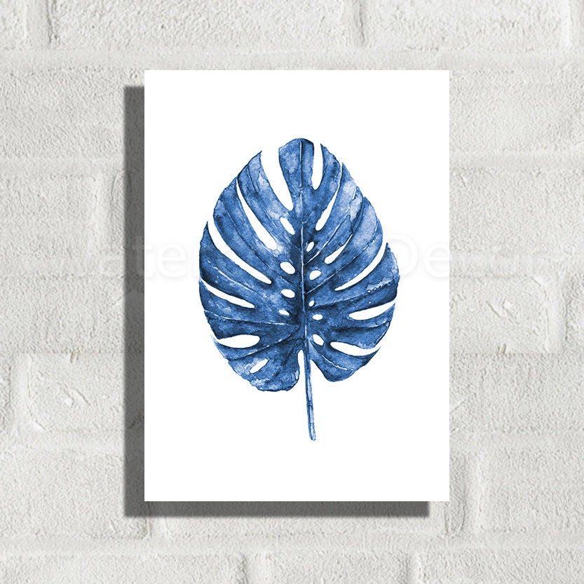 Tropical Feuille Aquarelle Estampes - Monstera Indigo Art Print Botanique Wall Decor