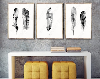 Feather Watercolor Art Prints - Set of 3 Black and White Feather Wall Decor Housewarming Gift Birthday Gift Wall Hanging - SetB