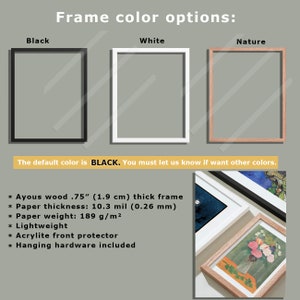 May include: Three frame options for a picture: black, white, and natural wood. The default frame colour is black. The frame is 0.75 inches (1.9 cm) thick and made of Ayous wood. The paper is 10.3 mil (0.26 mm) thick and weighs 189 g/m&sup2;. The frame includes a clear acrylic front protector and hanging hardware.