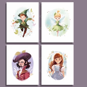 Peter Pan Nursery Wall Art Set Minimalist Prints with Wendy Captain Hook Tinker Bell Storybook Kids Room Decor Neverland Poster Set B