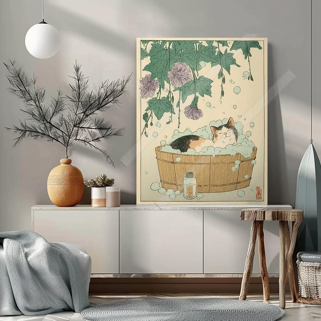 Cat in Bathtub Japanese Woodblock Art Print Bathroom Decor Floral ...