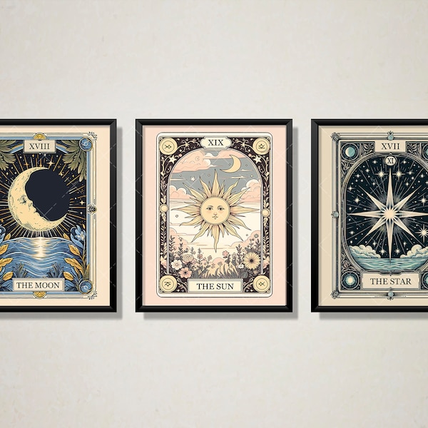 Dark Academia Gothic Witch Tarot Art Set - Framed Set of 3 The Sun, The Moon, The star Tarot Card Print -Celestial Decor -Witch Artworks