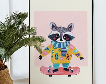 Skate Racoon illustration - Racoon wall decor - Racoon Skateboarding Poster - Animal illustration Print -Colorful Wall Decor - Birthday Gift