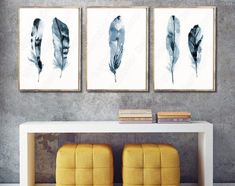 Feather Watercolor Art Prints - Set of 3 Feather Wall Decor Housewarming Gift Birthday Gift Wall Hanging