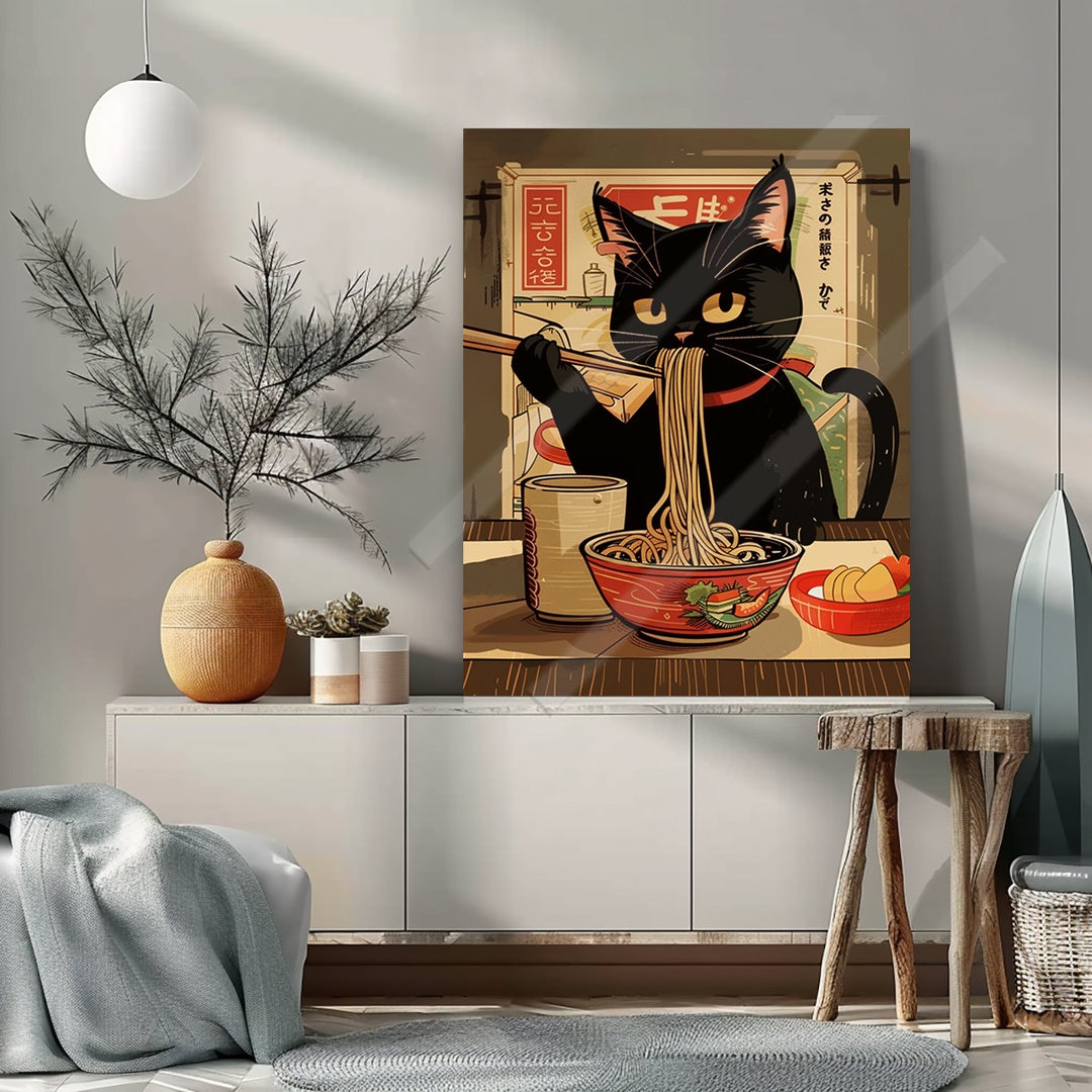 Framed Cat Eating Ramen Poster - Funny Japanese Animal Poster ...