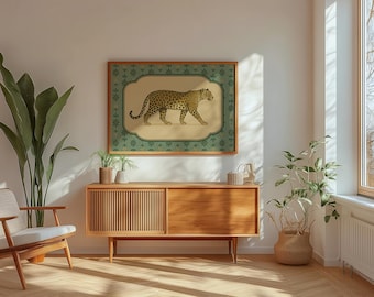 Art mural léopard vintage imprimé animal décor safari botanique Illustration de gros chat affiche de la jungle maximaliste ton ocre décoration d'intérieur