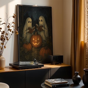 Ghosts Reading by Pumpkin Patch Halloween Wall Art Cozy Spooky Vintage Gothic Print Fall Home Decor Whimsical Ghost Artwork