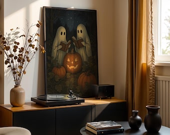 パンプキンパッチで読書をする幽霊たち　ハロウィン　ウォールアート　居心地の良い不気味なヴィンテージゴシックプリント　秋のホームデコレーション　気まぐれな幽霊アートワーク